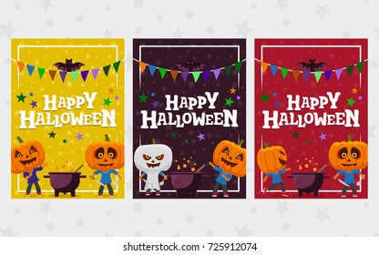 Halloween greeting cards. Set of banner in a flat style. Man with a pumpkin head vector flat illustration. festive ribbon. Funny halloween personage. Templates for the invitation, advertising, poster.