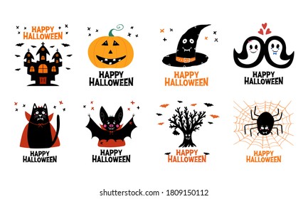 Halloween greeting cards set. Castle, jack o lantern, witch hat, ghost, cat, bat, dry tree, spider. Isolated on white background. Vector stock illustration.