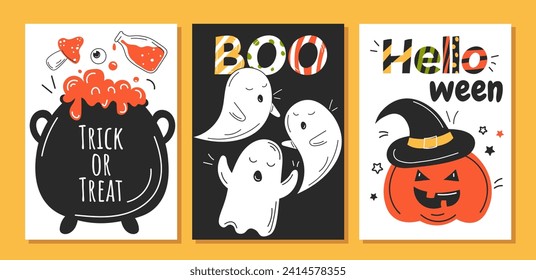 Halloween greeting cards set. International holiday of fear and horror. Creepy and spooky pumpkin and ghosts, cauldron. Cartoon flat vector collection isolated on yellow background