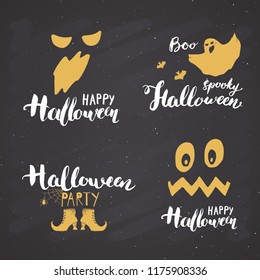 Halloween greeting cards set. Lettering calligraphy sign and hand drawn elements, party invitation or holiday banner design vector illustration on chalkboard background.