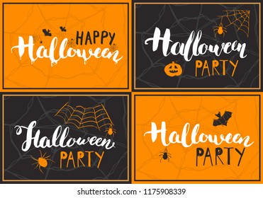 Halloween greeting cards set. Lettering calligraphy sign and hand drawn elements, party invitation or holiday banner design vector illustration.