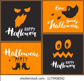 Halloween greeting cards set. Lettering calligraphy sign and hand drawn elements, party invitation or holiday banner design vector illustration.