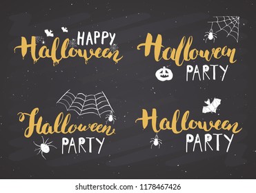 Halloween greeting cards set. Lettering calligraphy sign and hand drawn elements, party invitation or holiday banner design vector illustration on chalkboard background.
