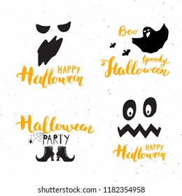 Halloween greeting cards set. Lettering calligraphy sign and hand drawn elements, party invitation or holiday banner design vector illustration.