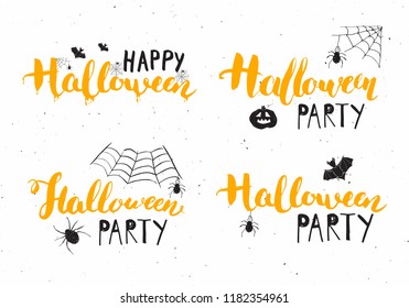 Halloween greeting cards set. Lettering calligraphy sign and hand drawn elements, party invitation or holiday banner design vector illustration.
