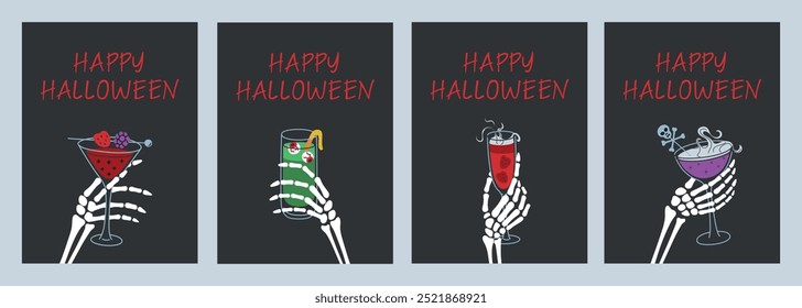 Halloween greeting cards set, skeleton hands holdingspooky cocktails vector illustrations. Happy halloween lettering, drinking glass with creepy garnish. Simple flat cartoon style. Banners or posters 