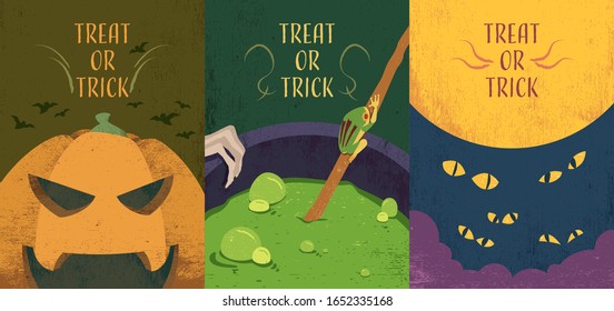 Halloween greeting cards set. Vector spooky illustrations with treat or trick wordings