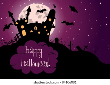 Halloween greeting with castle, bats and cemetery