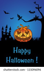 Halloween greeting with castle ruins, tree and an evil pumpkin laughing in the grass. Halloween concept