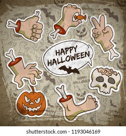 Halloween greeting concept with paper zombie arms leg pumpkin skull on line icons seamless pattern vector illustration