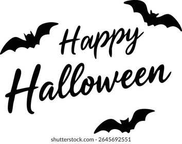 halloween greeting with flying bats and spooky typography on white background