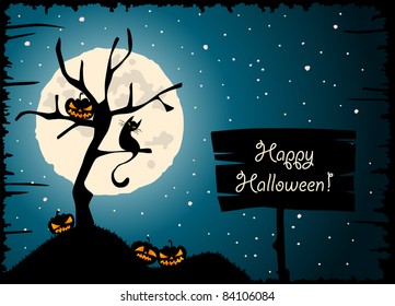 Halloween greeting with full moon, tree, cat and carved pumpkin lantern