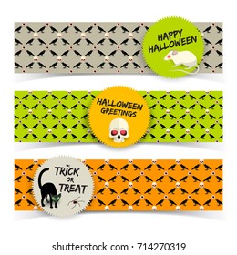 Halloween greeting horizontal banners with stickers white rat skull black cat on icons background vector illustration