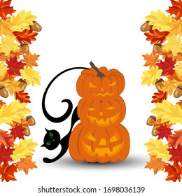 Halloween greeting (invitation) card. Elegant design from maple and oak leaves frame and pumpkin pyramid with black cat behind it over white background. Vector illustration.