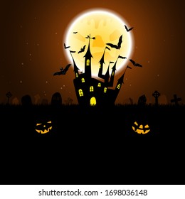 Halloween greeting (invitation) card. Elegant design with castle near cemetery, flying bats and moon  over grunge dark brown starry sky background. Vector illustration.