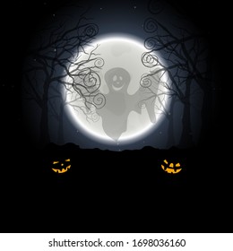 Halloween greeting (invitation) card. Elegant design with night forest and flying smiling ghost in front of moon over grunge dark blue starry sky background. Vector illustration.