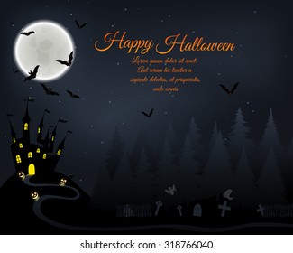 Halloween Greeting (Invitation)  Card. Elegant Design With Castle in Fir Forest, Flying Bats, Moon and Cemetery With Ghosts  Over Grunge Dark Blue Starry Sky Background. Vector illustration.