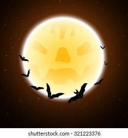 Halloween greeting (invitation) card. Elegant design with flying bats in front of moon over grunge dark brown starry sky background. Vector illustration.