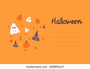 Halloween greeting, invitation card. Postcard holiday with ghost, pumpkins, leaves design. Autumn season vector illustration.