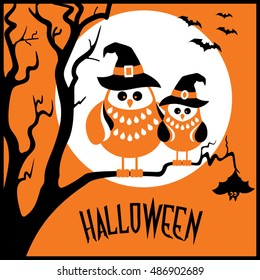 HALLOWEEN - GREETING - INVITATION CARD WITH TWO CUTE OWLS AND BATS - VECTOR ILLUSTRATION