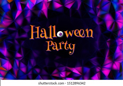Halloween greeting invitation text with vintage eyeball on dark purple polygonal background
