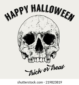 Halloween Greeting Label, Hand Drawn Skull, Vintage Typography, Vector Design