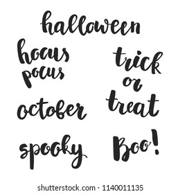 Halloween greeting lettering isolated on white background. Vector handdrawn design elements for greeting cards. Vector illustration.
