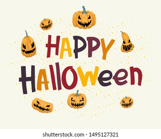 Halloween greeting lettering, smiling pumpkins, cut out faces. Element for flyer, banner or card. Isolated objects. Cartoon flat style drawing