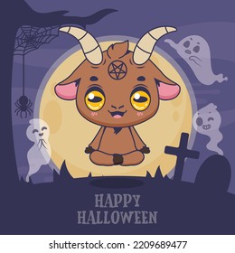 Halloween greeting with levitating goat and ghosts