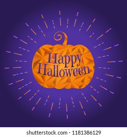 Halloween greeting with orange texture carved pumpkin glowing on purple star burst shining background