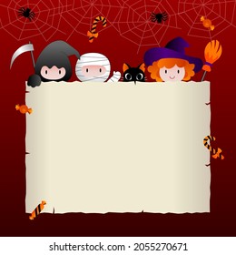 Halloween greeting or party invitation with kids and cat. Trick or Treat Concept. Vector Illustration.