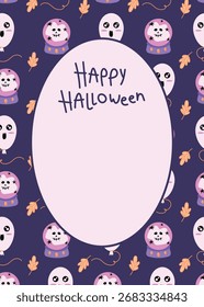 Cartão postal de saudação de Halloween com balões fantasmas, folhas de outono e bolas de cristal mágico no fundo escuro