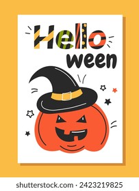 Halloween greeting postcard. Jack o latern in withchhat. Fantasy and imagination. International holiday of fear and horror. Cartoon flat vector illustration isolated on yellow background