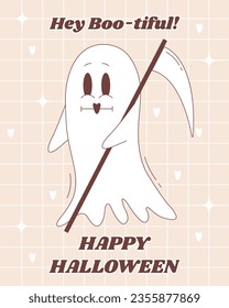 Halloween greeting poster in groovy style. Halloween ghost grim reaper character. 