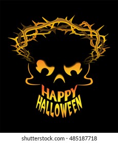 Halloween greeting poster with the scary smiling sceleton on the black background