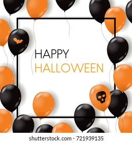 Halloween greeting template. Happy halloween card with air balloons, scull  and bat. Vector illustration.