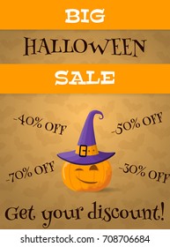 Halloween greeting template. Trick or treat card with scull and switch hat. Vector illustration.