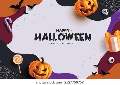 Halloween Grußtext Vektor Hintergrund Design. Fröhliches Halloween und Trick oder behandeln Sie in abstraktem Muster Hintergrund mit Kürbissen, Geschenkbox, Süßigkeiten und Spinnennetz Elemente. Vektorgrafik