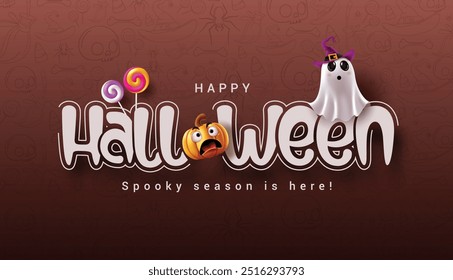 Halloween greeting text vector banner design. Halloween calligraphy font with elements like funny pumpkin, ghost and lollipop in seasonal kids party creepy background. Vector illustration scary 