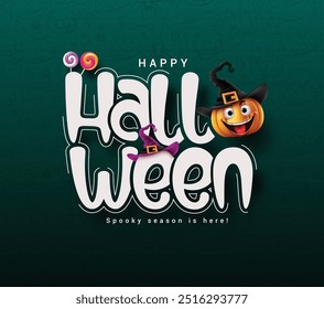 Diseño de tarjeta de Vector de texto de felicitación de Halloween. Texto de la tipografía de la tarjeta de felicitación de Halloween en fondo espeluznante verde con Elementos lindos de la calabaza y del horror para la celebración aterradora del truco o de la golosina. Vector 