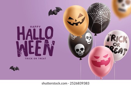 Halloween Grußtext Vektordesign. Fröhlicher Halloween-Gruß mit vielen Ballonelementen in gruseliger, gruseliger und skittischer Musterdekoration. Vektorgrafik Trick oder behandeln Kartendesign. 
