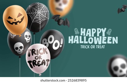 Diseño de Vector de texto de saludo de Halloween. Tarjeta feliz del truco o de la golosina de Halloween con los Elementos del grupo de los globos con el patrón aterrador, asustadizo y espeluznante en fondo verde. Ilustración vectorial