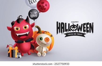 Diseño de Vector de texto de saludo de Halloween. Feliz truco o trato de halloween con lindo demonio sosteniendo globos y personajes de momia de miedo para el diseño de tarjetas de invitación de terror. Ilustración vectorial