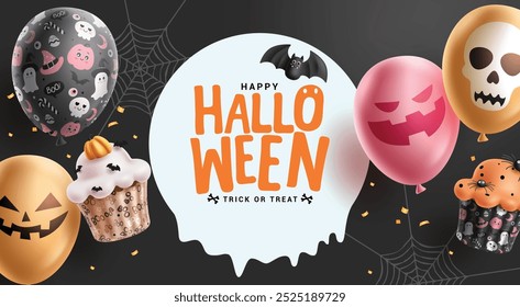 Halloween greeting text vector template design. Happy halloween in empty space for typography with scary balloons floating and skittish cup cake elements. Vector illustration trick or treat card