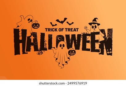 halloween greeting trick or treat logotype with cute spooky character decoration vector illustration