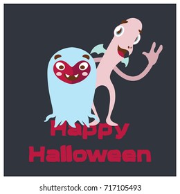 Halloween greeting with two cute friendly monsters