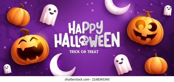 Halloween greeting vector background design. Happy halloween text with jack o lantern pumpkin and ghost for trick or treat night celebration. Vector illustration.
