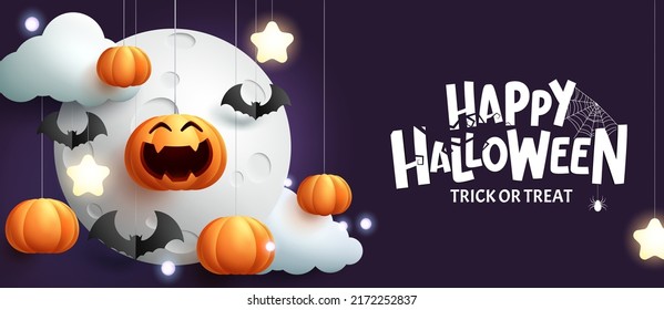 Diseño de fondo vectorial de saludo de Halloween. Feliz texto de halloween con elementos colgantes de calabazas, decoración de estrellas y luna en espeluznante noche para celebración de trucos o de regalo. Ilustración vectorial.
