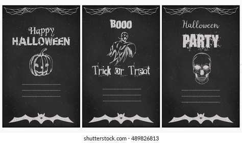 Halloween greeting vector cards set. Grunge chalkboard style.