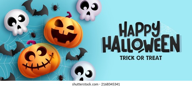 Halloween greeting vector design. Happy halloween text in blue space with pumpkin, skull and bat spooky elements for scary night decoration. Vector illustration.
